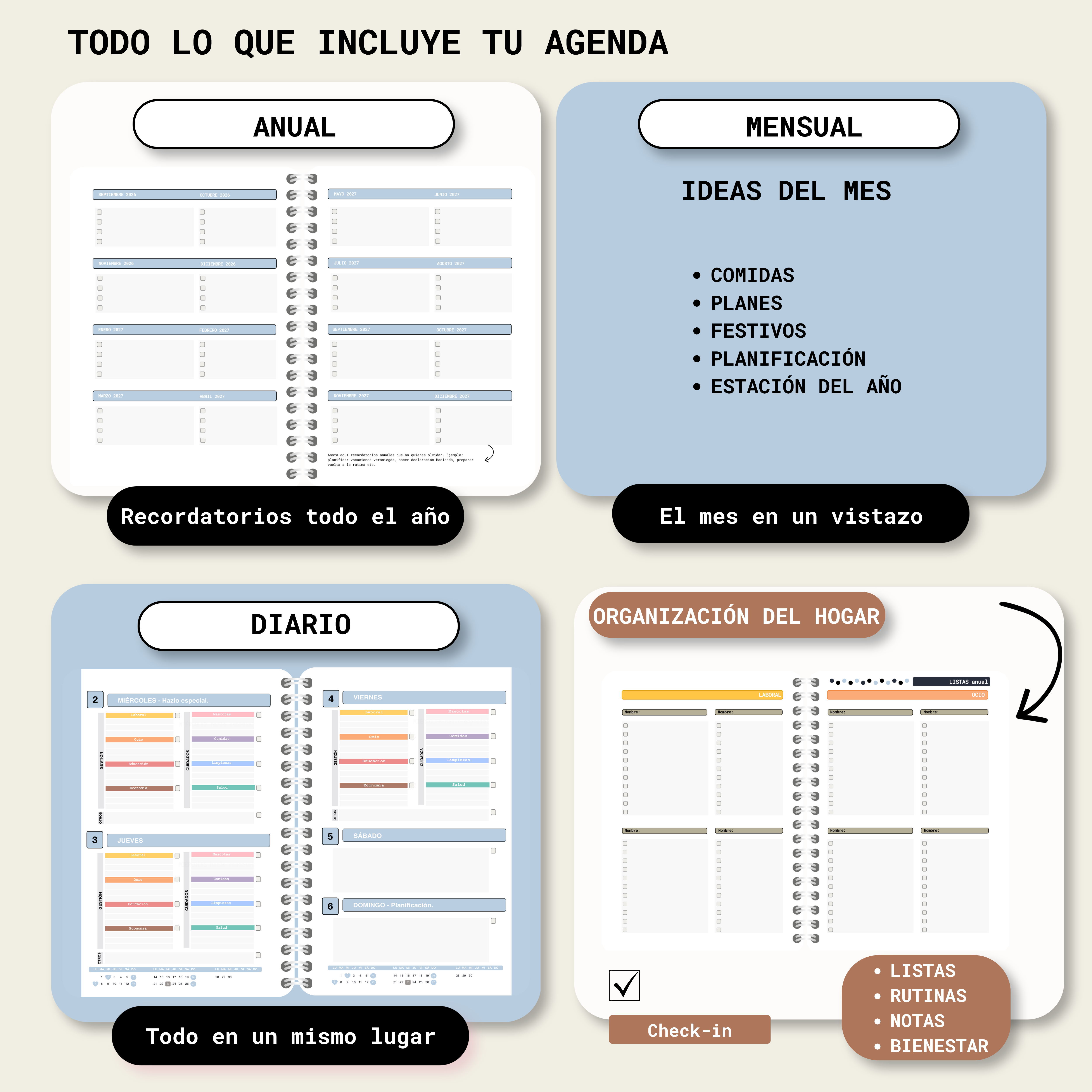 Agenda Planner Maison 2027 — contenido completo con planificadores anual, mensual, diario y del hogar