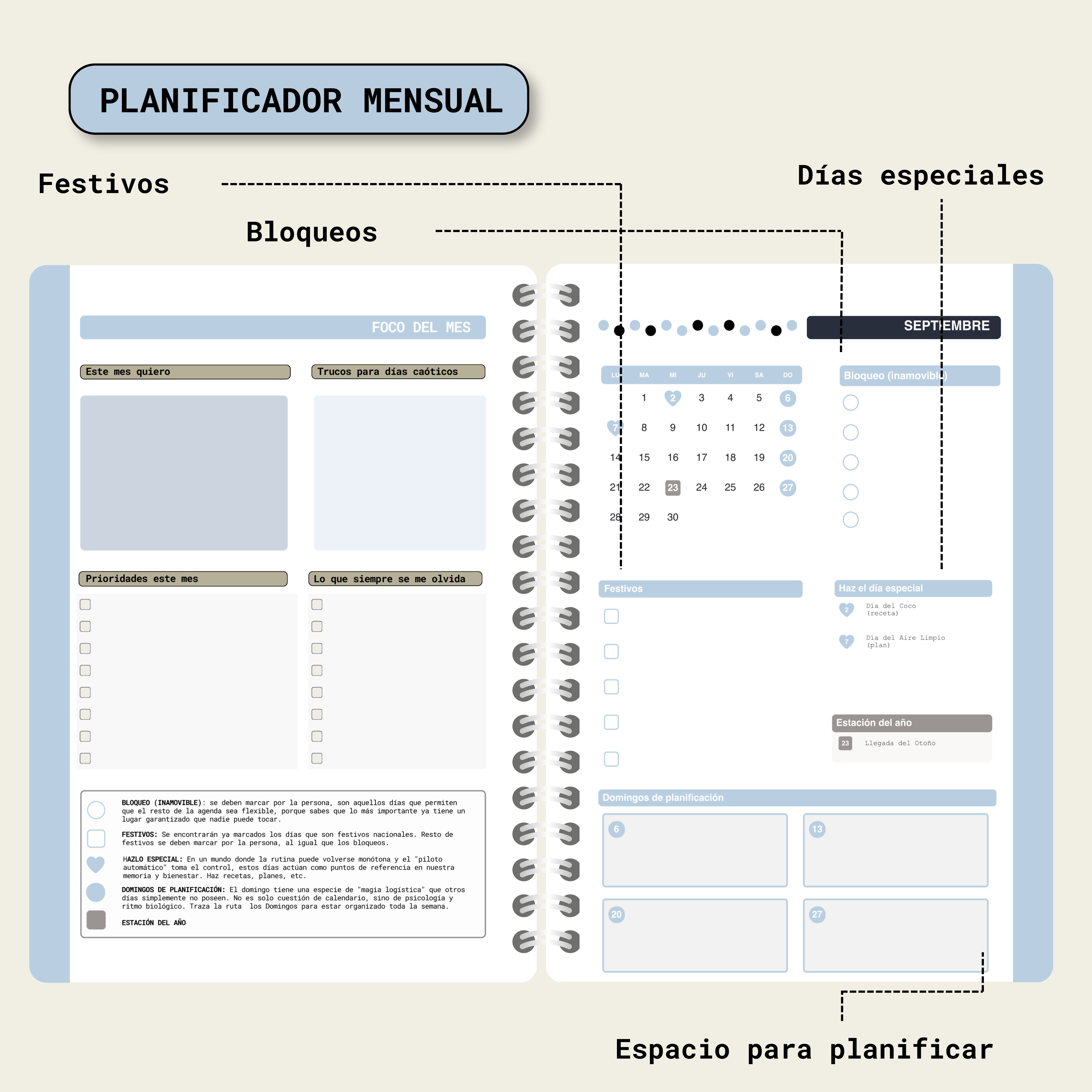 Agenda Planner Maison 2027 — planificador mensual con festivos, bloqueos y domingos de planificación