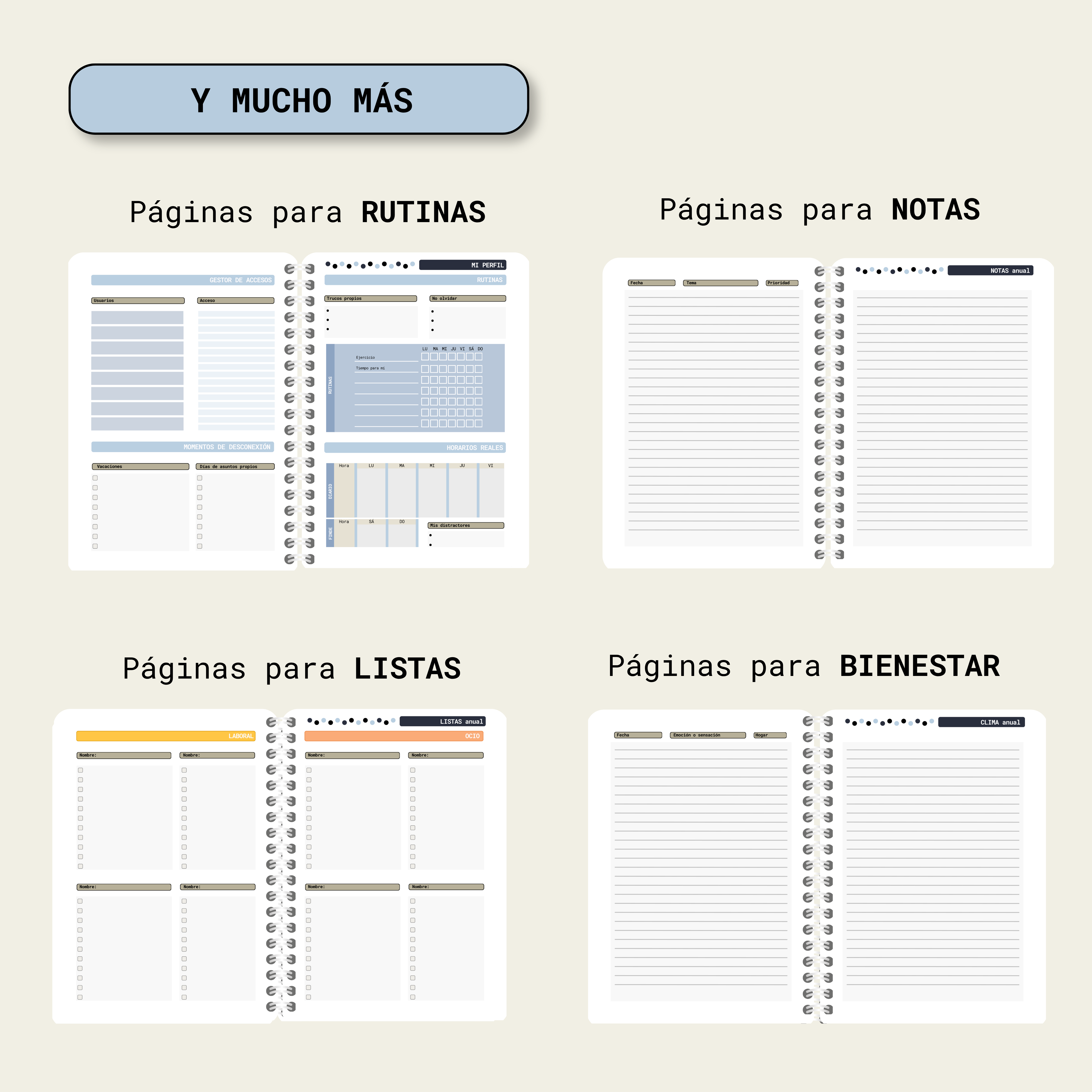 Agenda Planner Maison 2027 — páginas adicionales de rutinas, notas, listas y bienestar